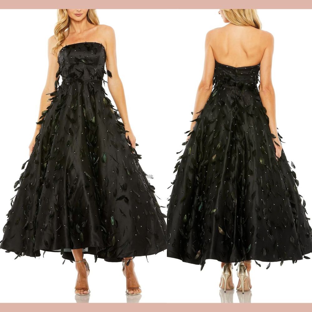 NWT Mac Duggal [ 2 ] 11634 Strapless Feather‎ Embellished Ball Gown Black